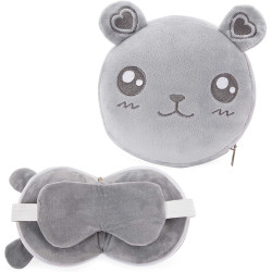 Zodaca 2 in 1 Kit Travel Pillow and Eye Mask for Kids Neck Cushion, Gray Bear